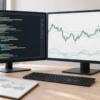 コード編集画面と値動きのチャートを表示した制作机。AIで作成したイメージ。